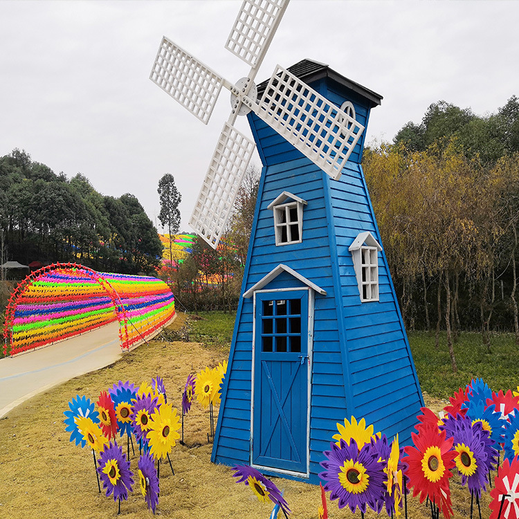 花海景观大风车 公园摆件荷兰木质大风车彩色 度假村荷兰风车摆件