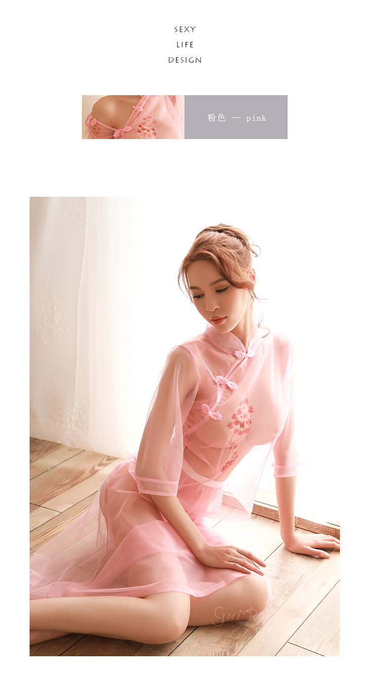 瑰若情趣内衣女 性感透视诱惑网纱印花分体民国学生装旗袍长裙160