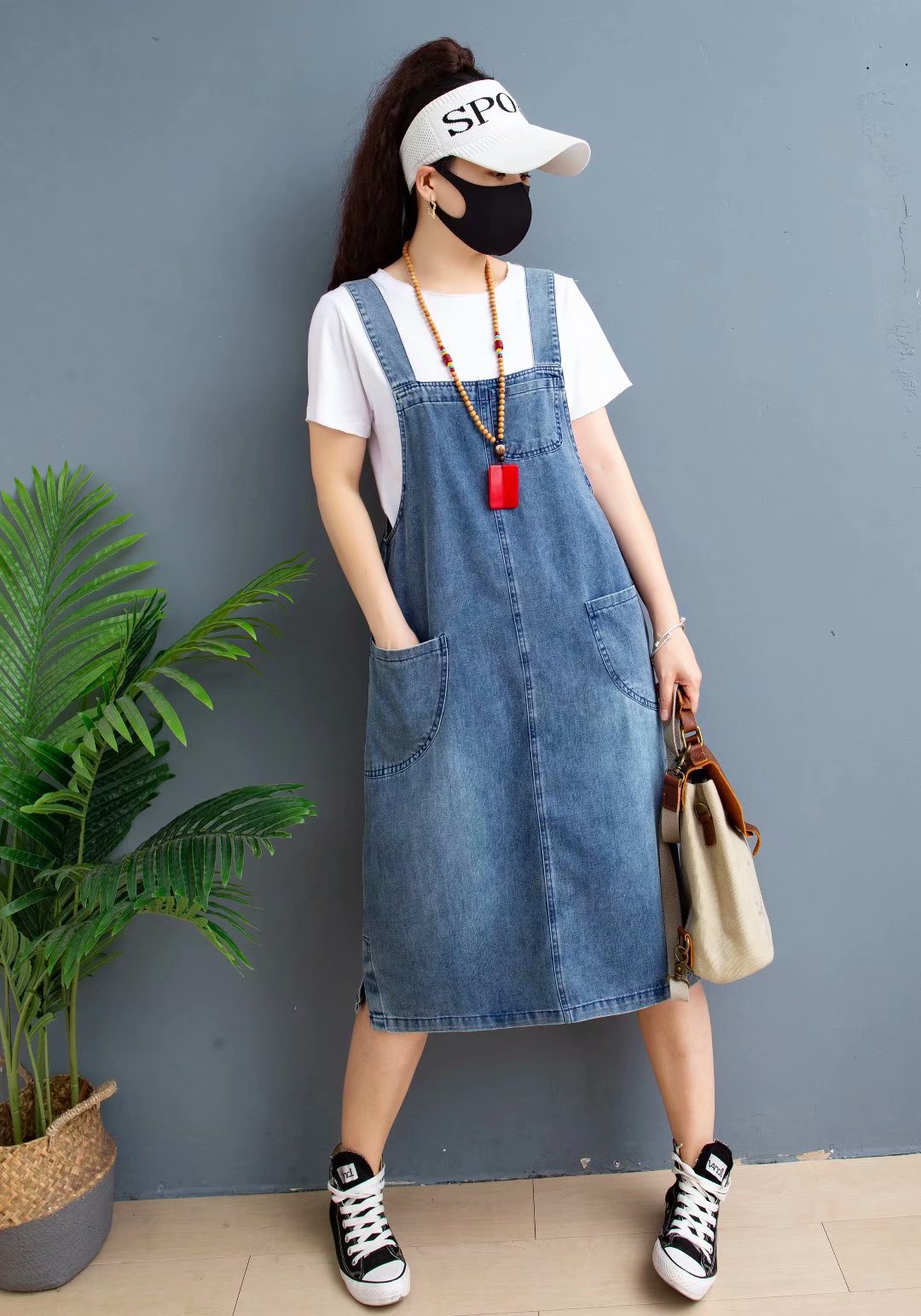 夏装新款休闲宽松百搭中长款背带裙牛仔裙 中裙半身裙女