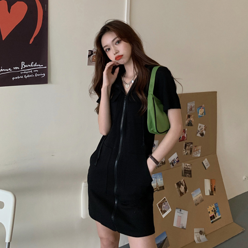 Ins Fashion Zipper Dress for Women 2024 New Summer Korean Style Loose Western Style Casual Short Sleeve Hooded Top Women Clothes