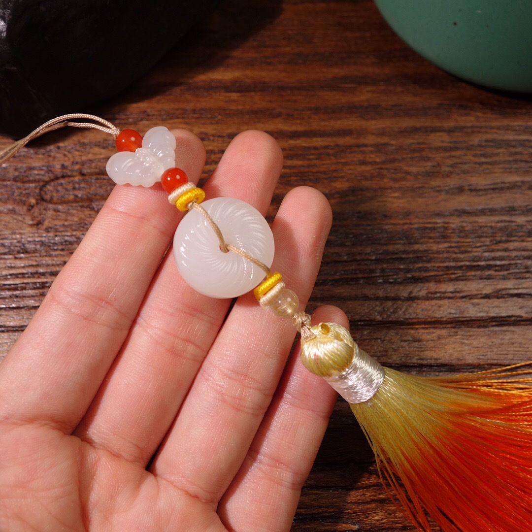 新疆和田玉白玉羊脂玉包挂古风流苏平安扣手机挂坠手工编织配证书