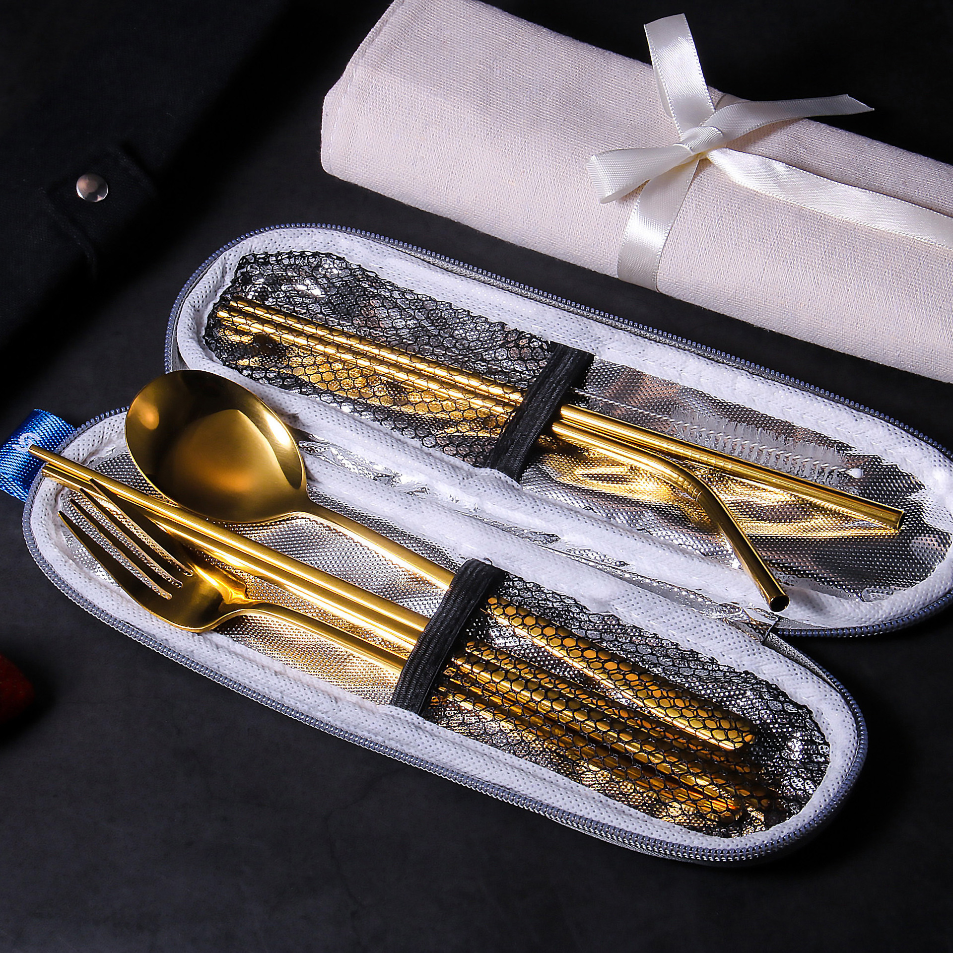 镀钛不锈钢便携餐具套装304不锈钢吸管勺叉筷组合跨境 亚马逊热卖