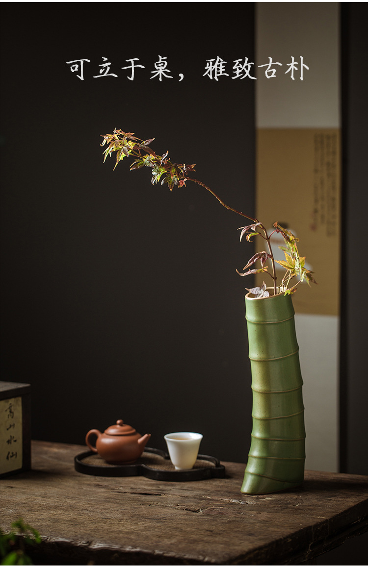 绿色陶瓷仿竹子花瓶花插中式样板房家居软装配饰创意插花竹筒花器