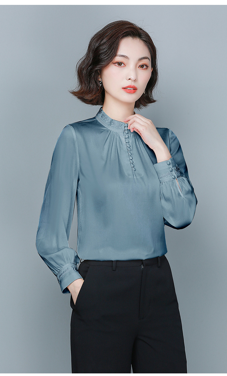 真丝衬衫女秋装2020新款长袖复古港味衬衣设计感时尚袖口刺绣上衣