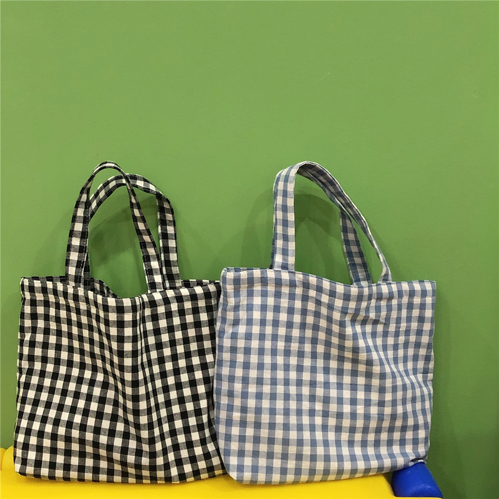 手提格子棉布袋小布包可爱百搭韩版格纹日常小拎包便当包妈咪包