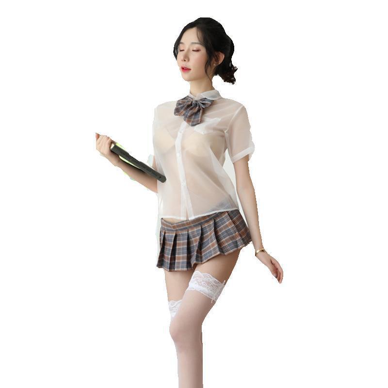 Adult Supplies British Plaid Sexy Lingerie Skirt Shirt Sexy See-through Youth Student Butterfly Bow Tie Pleated Skirt