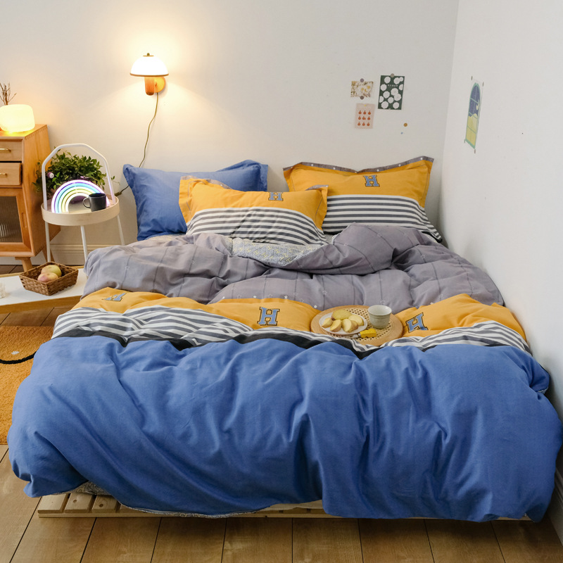 蓝梦家纺加厚磨毛四件套简约冬季裸睡全棉纯棉床单被套床上用品
