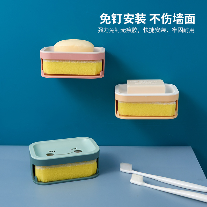 Hl Wall-Mounted Soap Box Seamless Double Rounds Hook Sponge Stream Double-Layer Plastic Soap Dish Drain Box