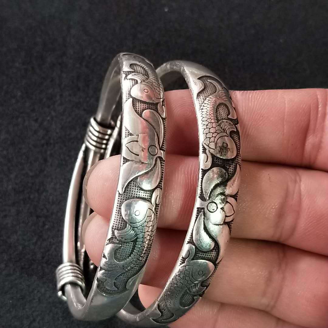 批发藏银苗银手镯 复古民族风龙凤足银手镯 民间工艺饰品
