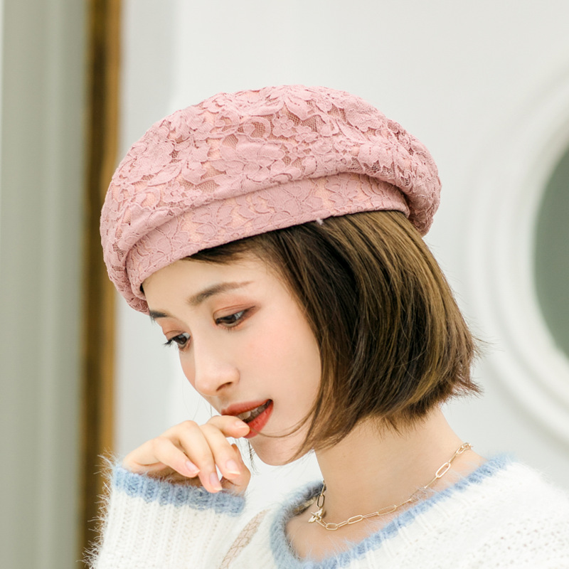 白色镂空蕾丝贝雷帽女夏季薄款英伦复古八角帽子防晒遮阳韩版百搭