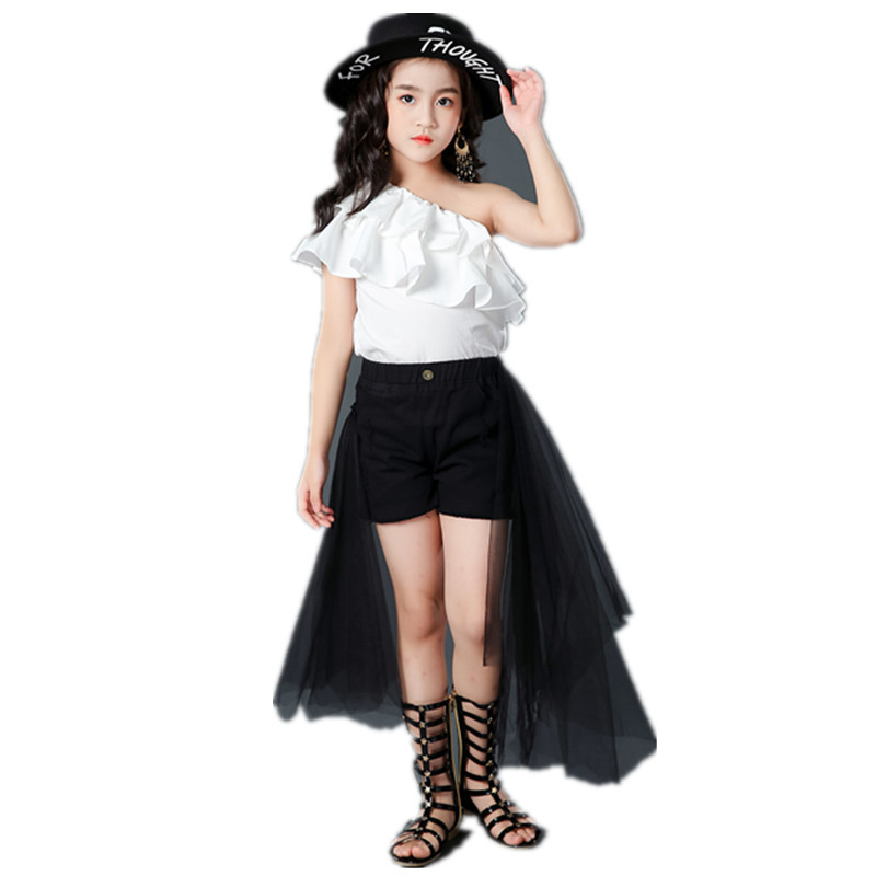 女童荷叶肩走秀潮服时尚儿童模特比赛演出服黑白色车模摄影酷礼服