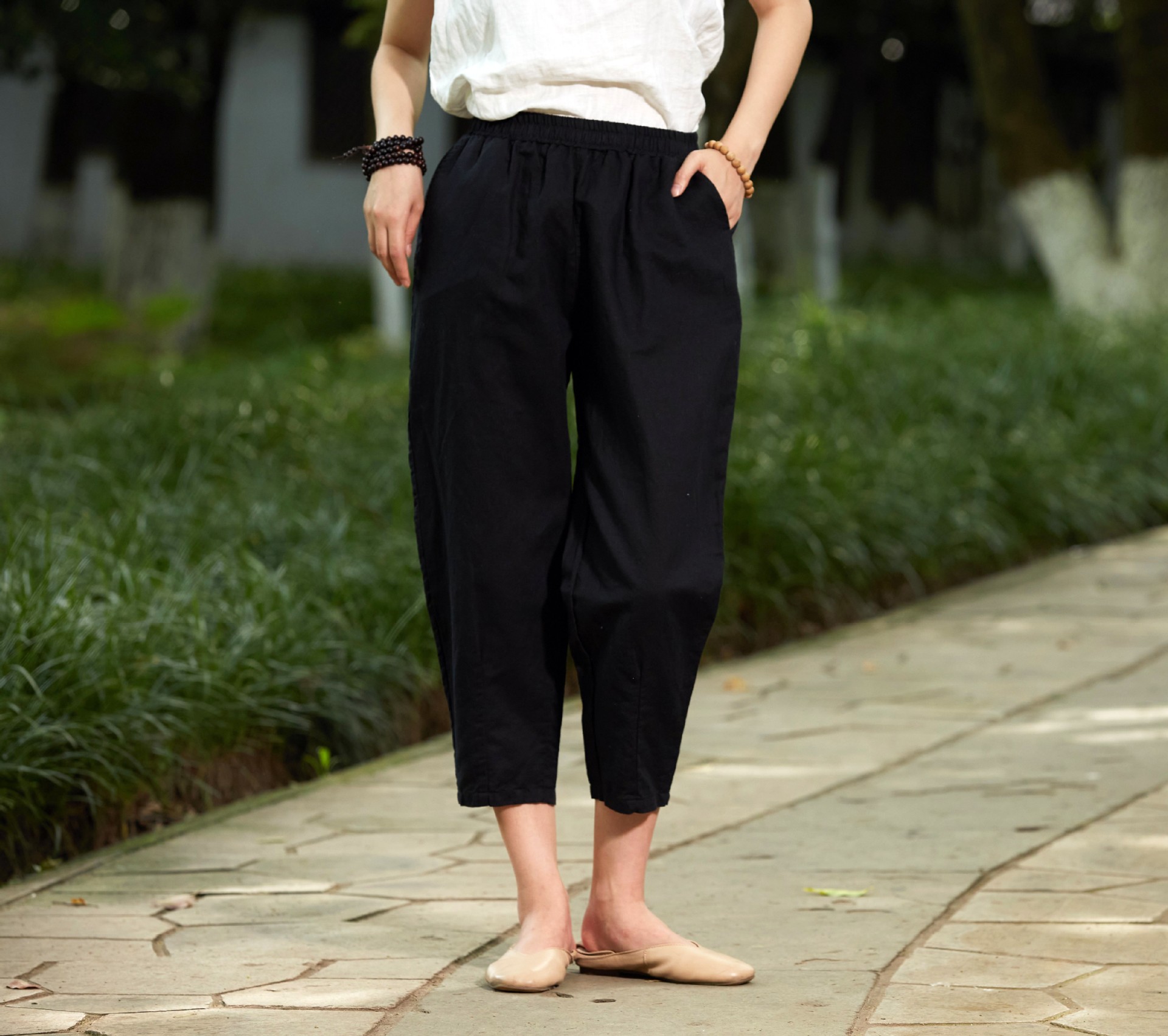 夏季苎麻新款哈伦裤女麻料薄款显瘦萝卜裤棉麻裤子九分宽松亚麻裤