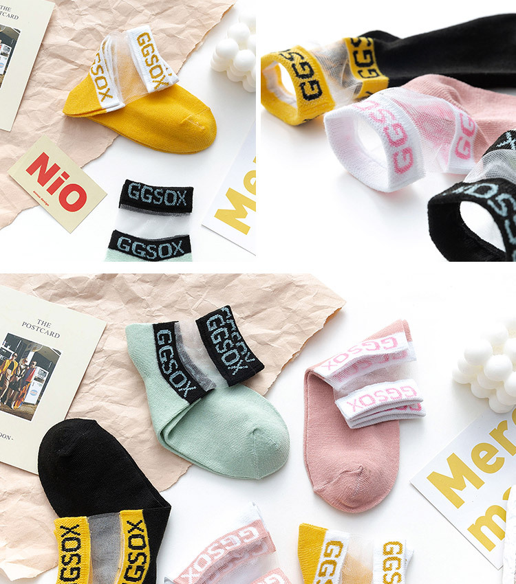 字母拼接水晶袜夏季新款女袜 韩时尚玻璃袜透气英文网红ins女士袜