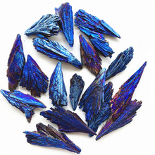 天然黑碧玺电镀 蓝色孔雀尾巴羽毛天然水晶原石 矿标收藏教学标本