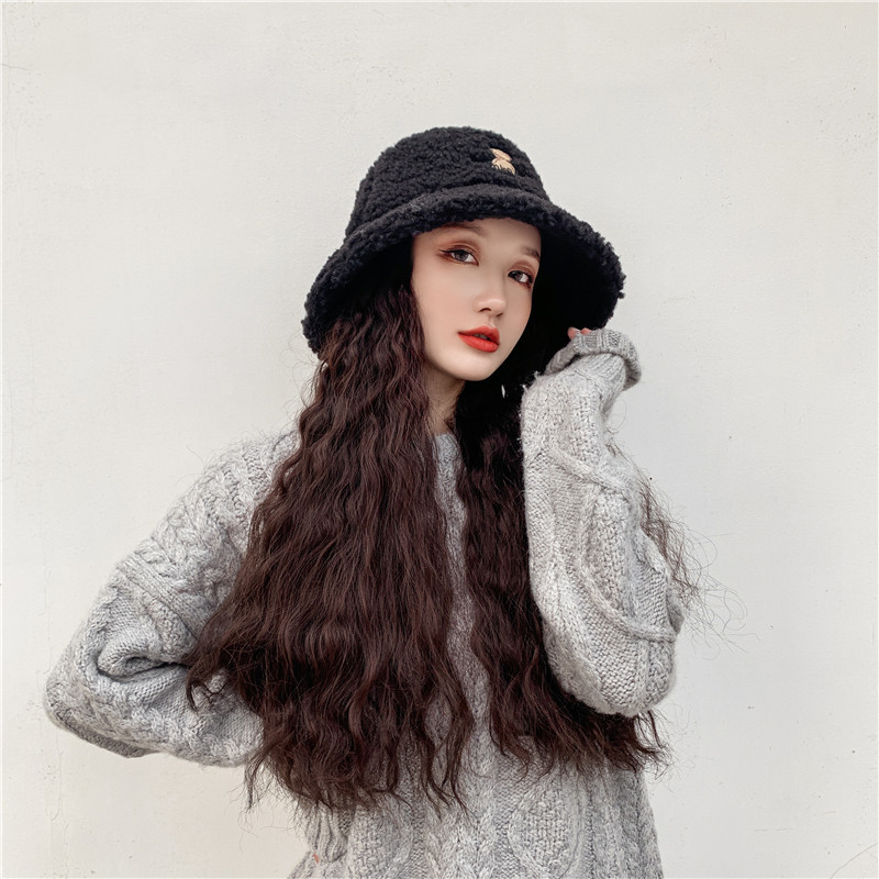 网红帽带头发假发帽渔夫帽子女秋冬天韩版潮时尚一体长卷发