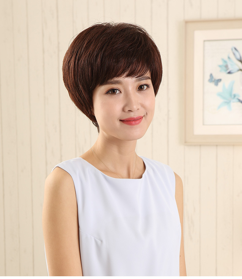 【线上爆款】假发女短发中老年妈妈真发斜刘海发型真人发丝全头套