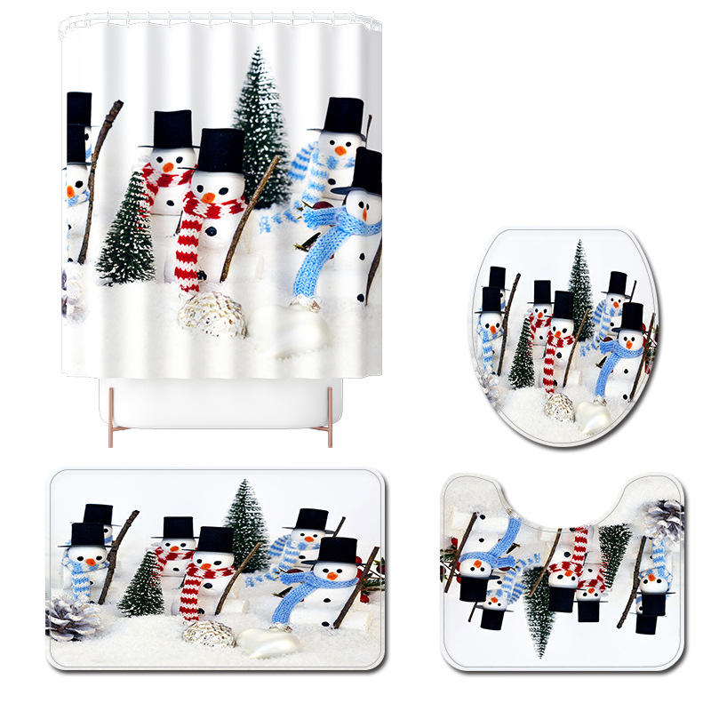 Hot Sale Christmas Mat Snowman Lantern Waterproof Mildew-Proof Shower Curtain Bath Curtain Mat Suit
