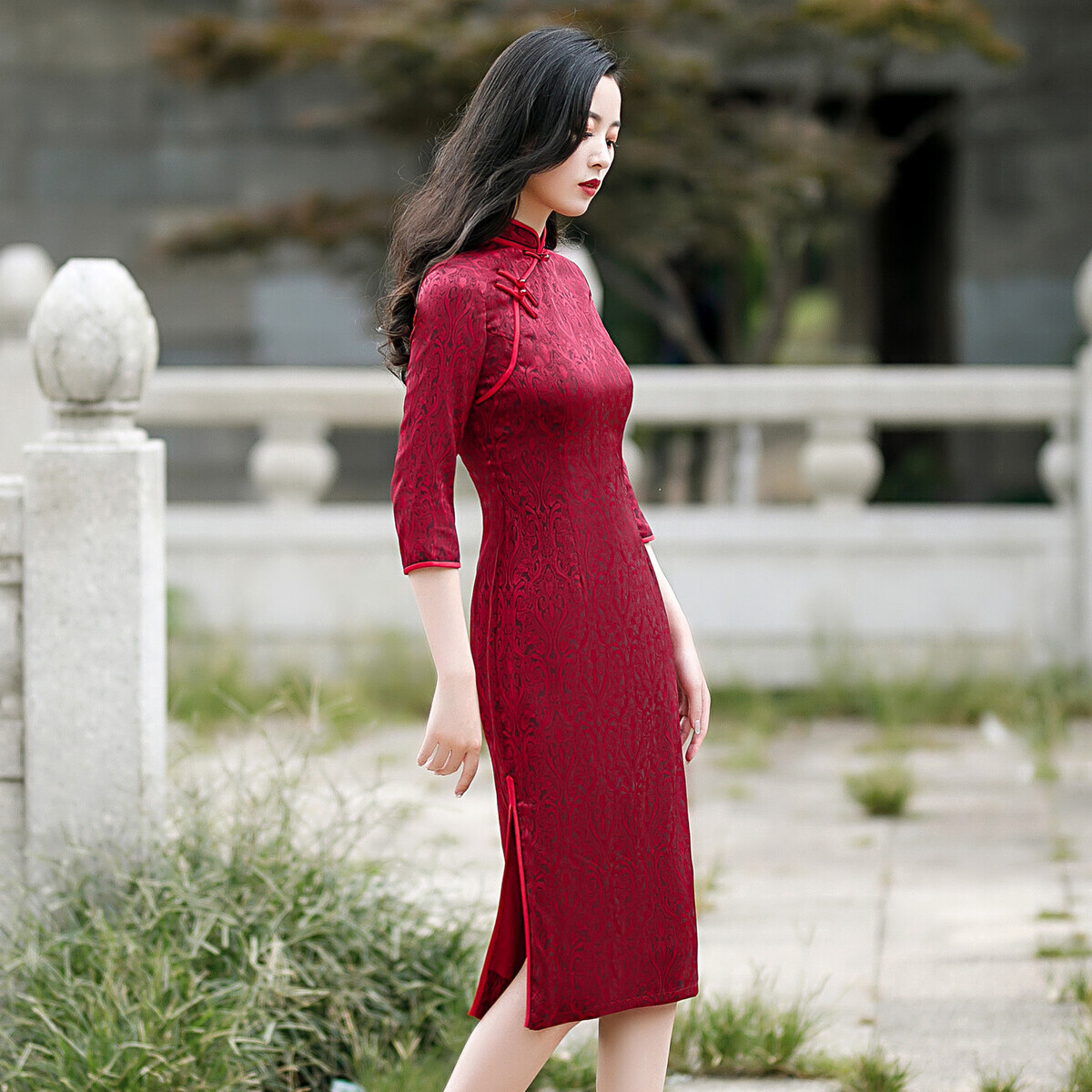 秋季新品纯色光面丝绸旗袍红色复古气质端庄双层喜婆婆妈妈装旗袍