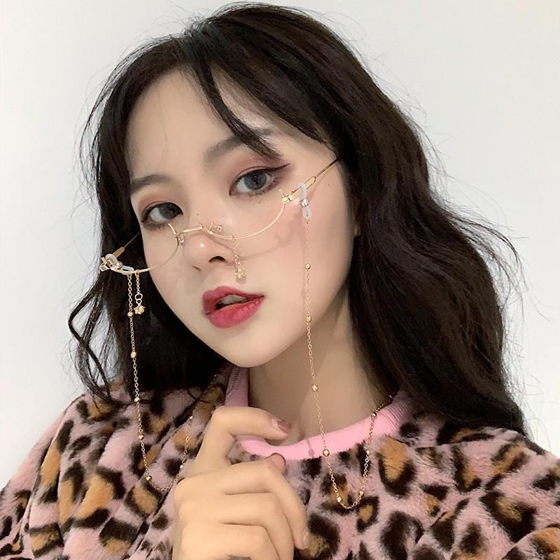二次元日系无镜片眼镜 ins抖音下半框平光镜水滴装饰链条吊坠眼镜