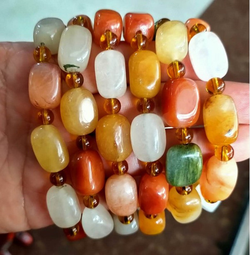 厂家批发玉石a货 新疆金丝玉 戈壁玉五彩手串 宝石光籽料原色手链