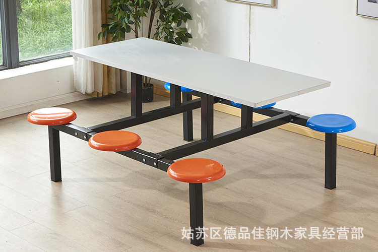 六人位连体快餐桌椅食堂餐桌企业餐厅餐桌椅不锈钢餐桌圆凳面餐桌