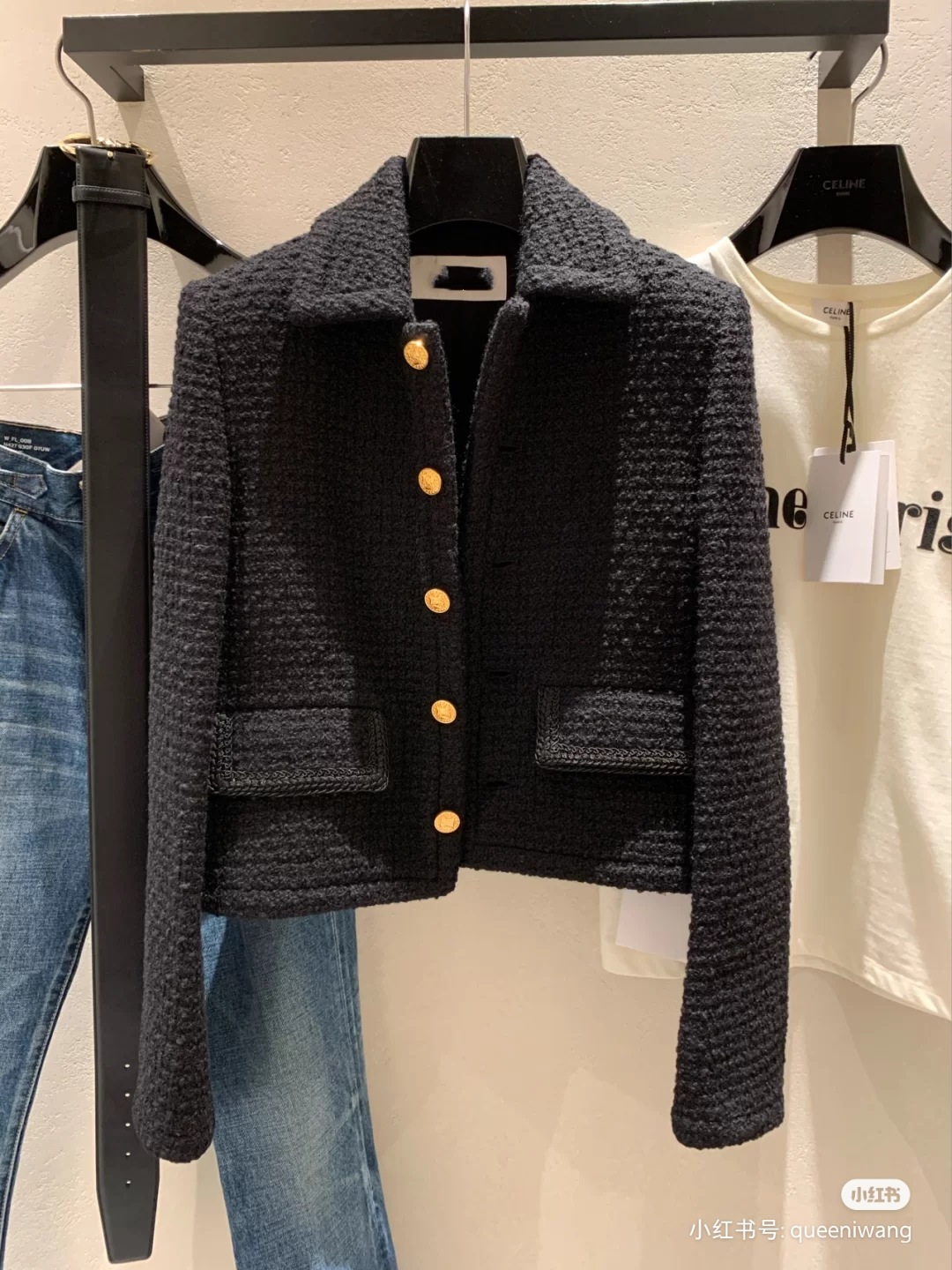 高定 cel家赛 2021秋冬黑色羊毛粗花呢翻领短款西装外套