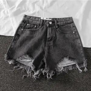 2022 Summer New Denim High Waist Korean Style Shorts Women's Loose Hole Chic Tassel A- line Wide-Leg Hot Pants Tide