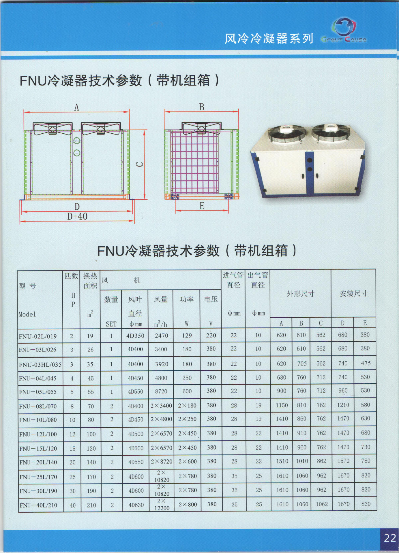箱式一体机组冷凝器 fnvb190顶出风高效冷库冷凝器 蒸发器