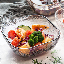 日式方形沙拉碗锤纹玻璃碗蔬菜水果沙拉网红四方锤目纹透明金边碗