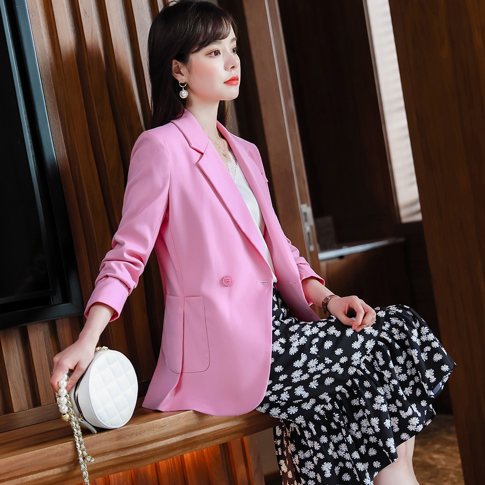 粉红色西装外套女韩版宽松显瘦2020秋冬时尚中长款西服连衣裙外搭