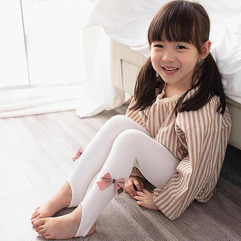 春秋款儿童连裤袜纯色女童踩脚舞蹈袜棉韩版蝴蝶结学生打底裤蹬脚