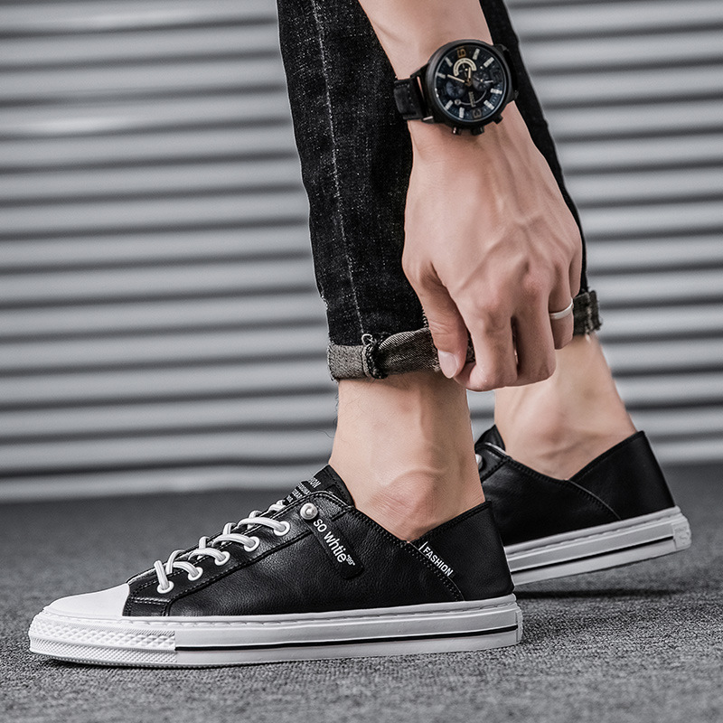 可踩后跟两用小白鞋男四季皮面透气无鞋带套脚休闲半托男鞋子代发