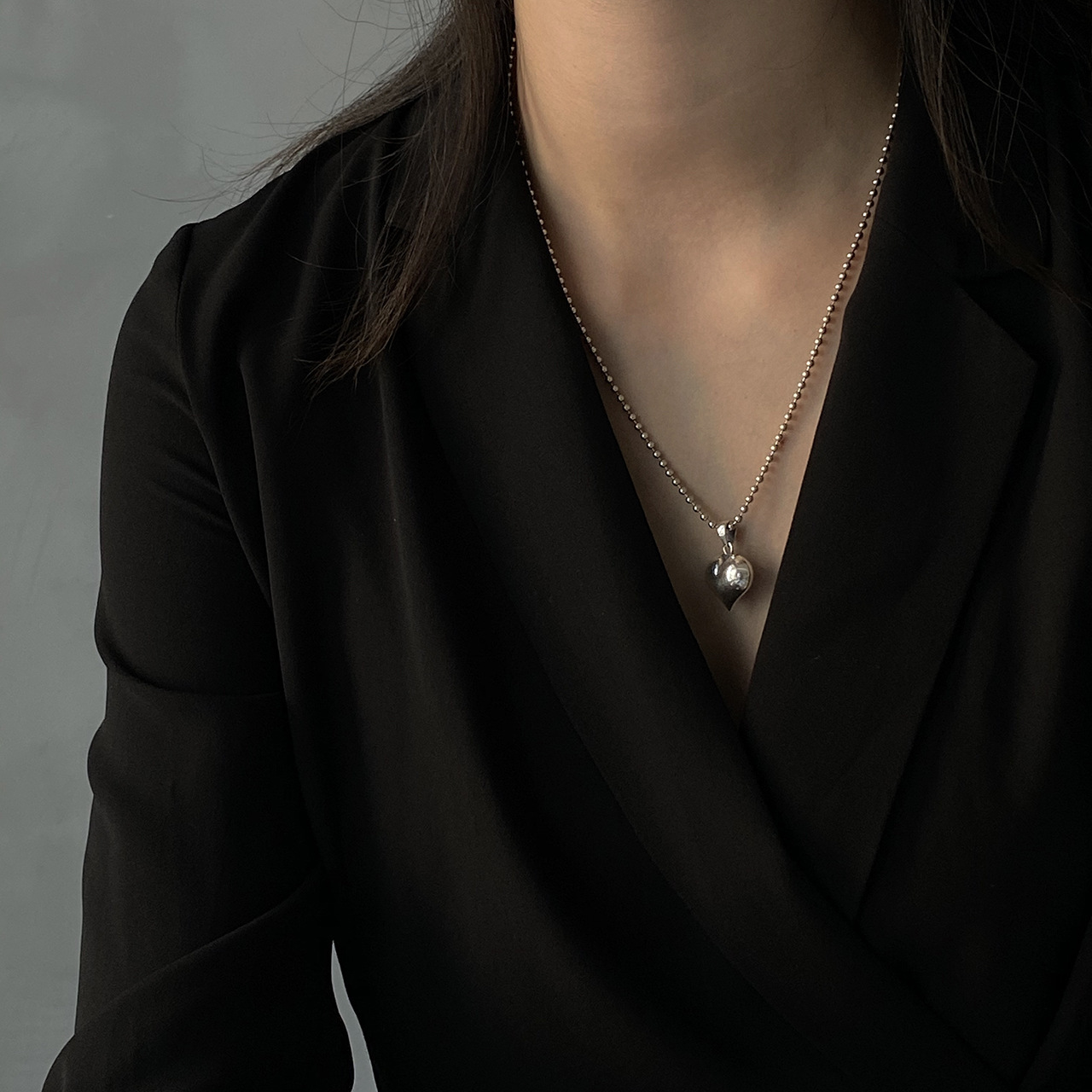 潮福猫韩国韩版925纯银项链长款脖链饰品手工银制爱心银珠项链