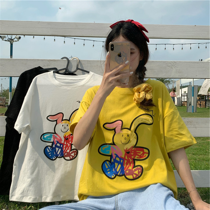 2022新款网红印花宽松半袖t恤女街头涂鸦圆领短袖上衣女ins潮