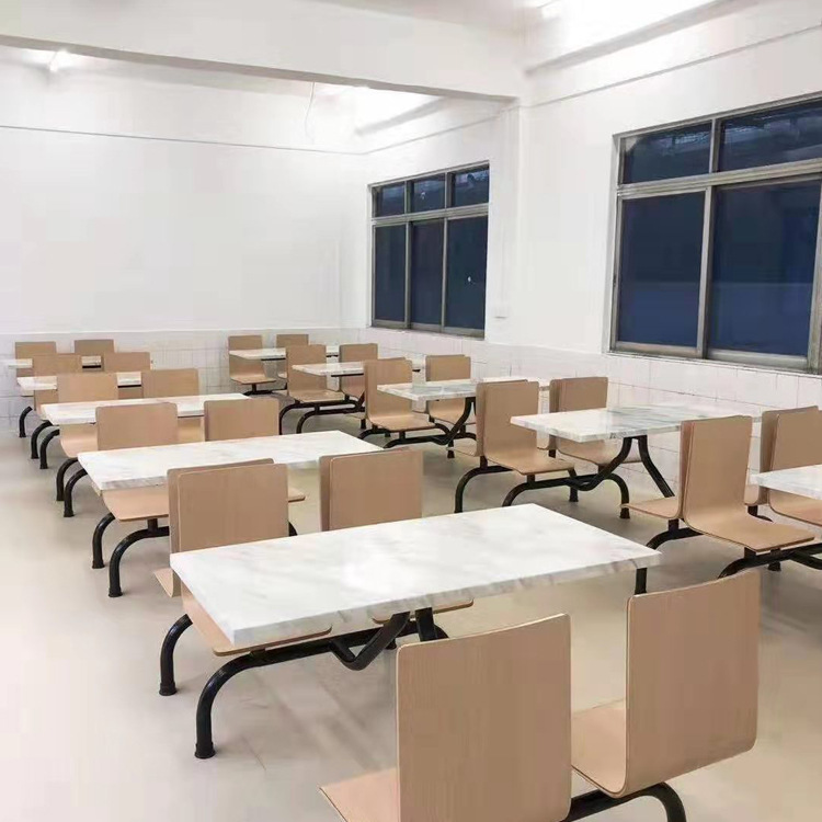 食堂餐桌椅员工饭堂餐厅四人位连体大理石餐桌椅曲木椅佛山工厂
