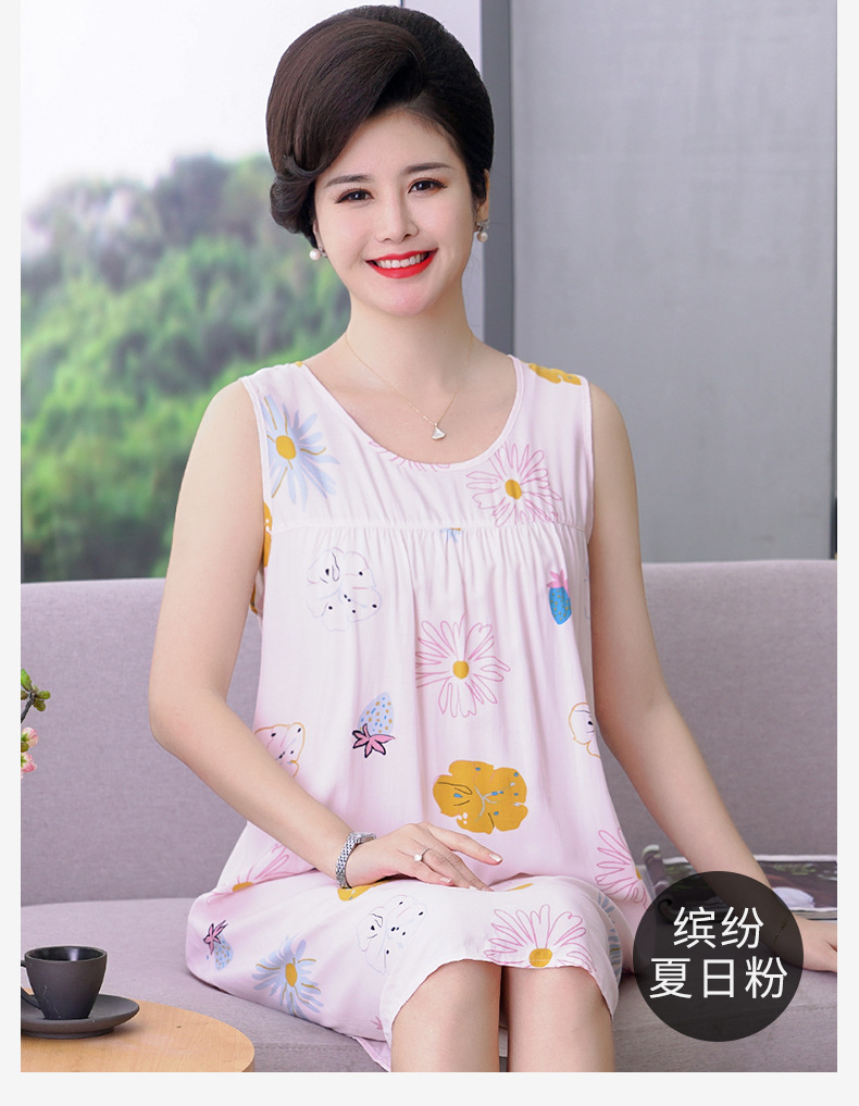 棉绸睡裙女夏中老年睡衣人造棉无袖连衣裙中长款休闲家居服妈妈装