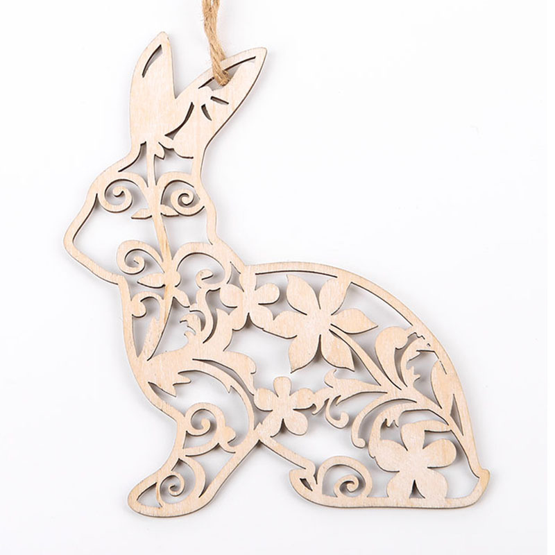 新款复活节原木兔子挂件 diy复活节装饰镂空小兔子木片挂饰可定制