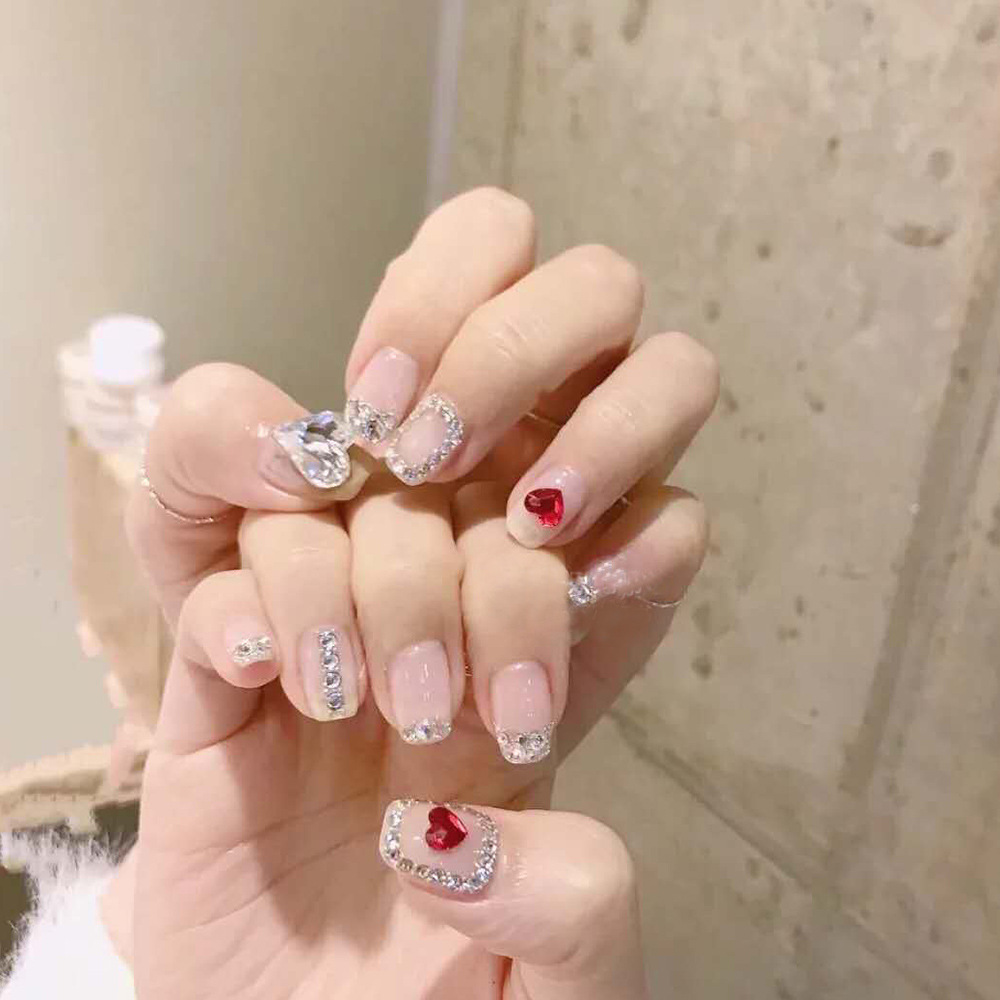 398穿戴美甲贴片成品假指甲片可拆卸网红新娘学生桃心贴 钻