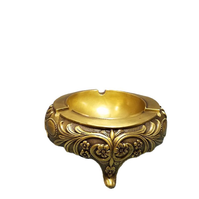 收藏古玩铜器 古意盎然 家居摆设 做旧仿古黄铜鎏金三脚烟缸摆件