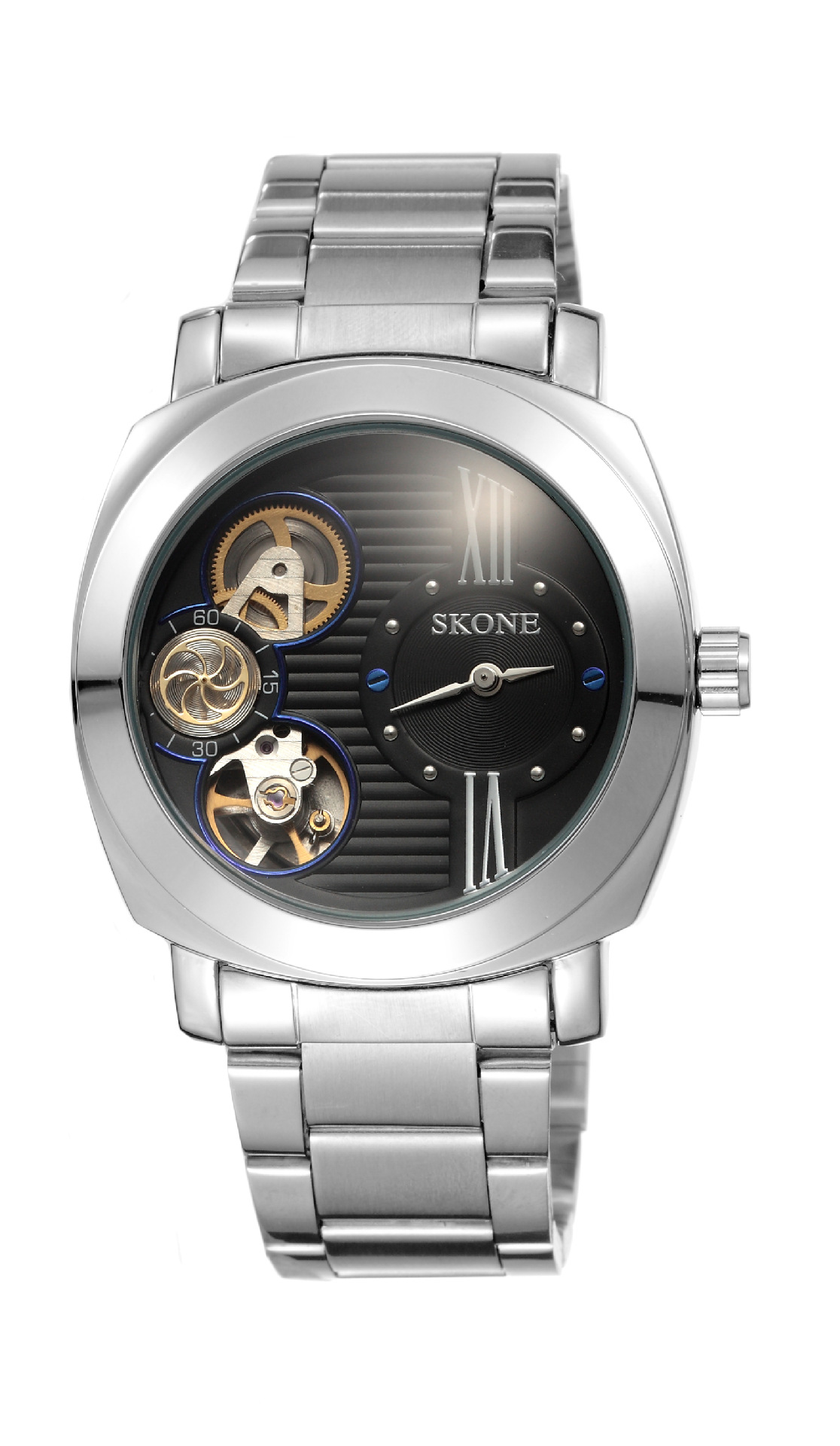 skone/时空男士钢带防水手表 时尚镂空半自动机械表厂家直销80016