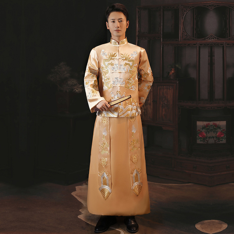 两飘香槟色罗晋盘金绣中国风长袖中式青年盘扣黄色上衣印花唐装