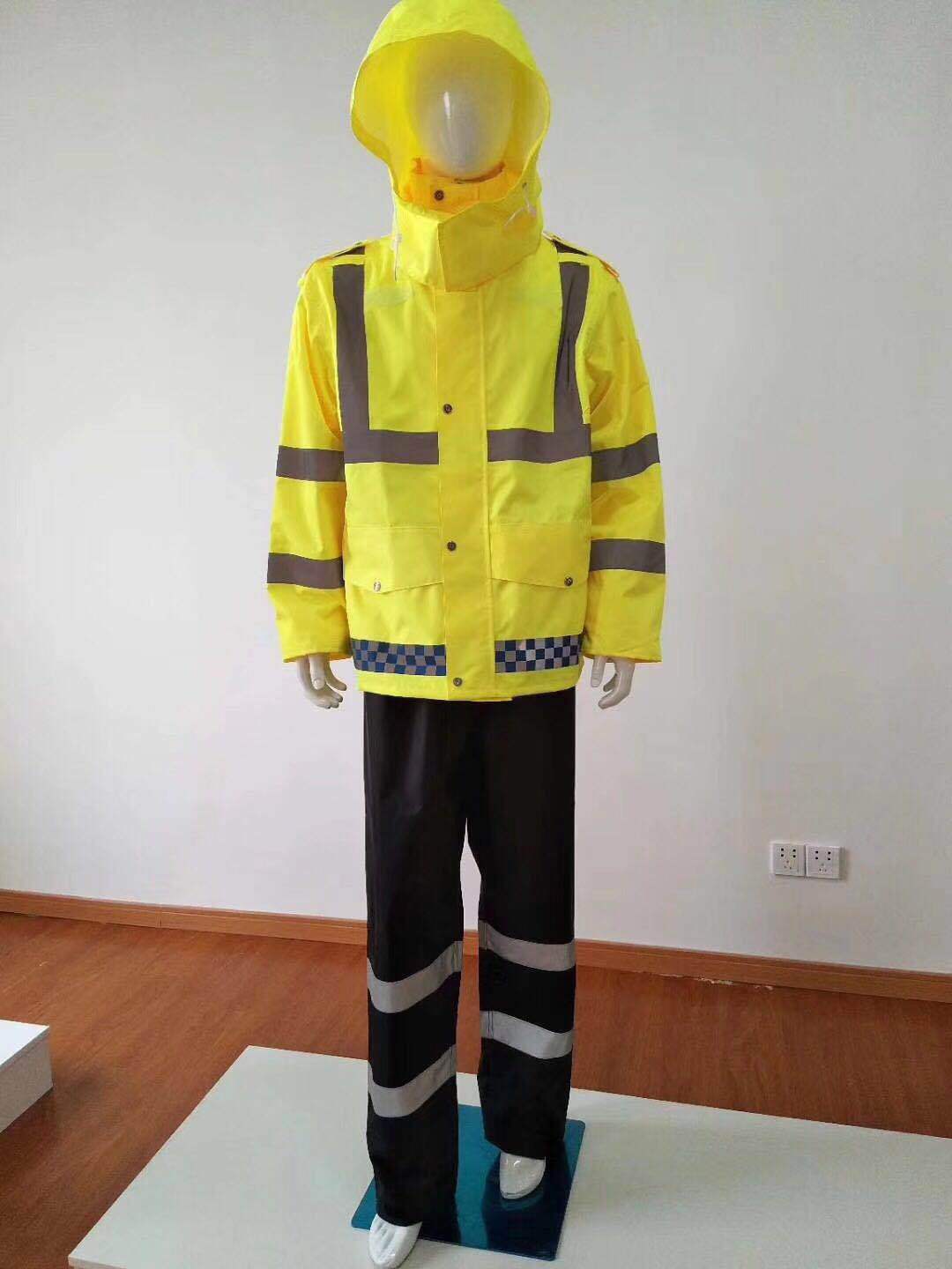 荧光黄执勤反光雨衣雨裤套装双层网格300d牛津布pu涂层可定制logo