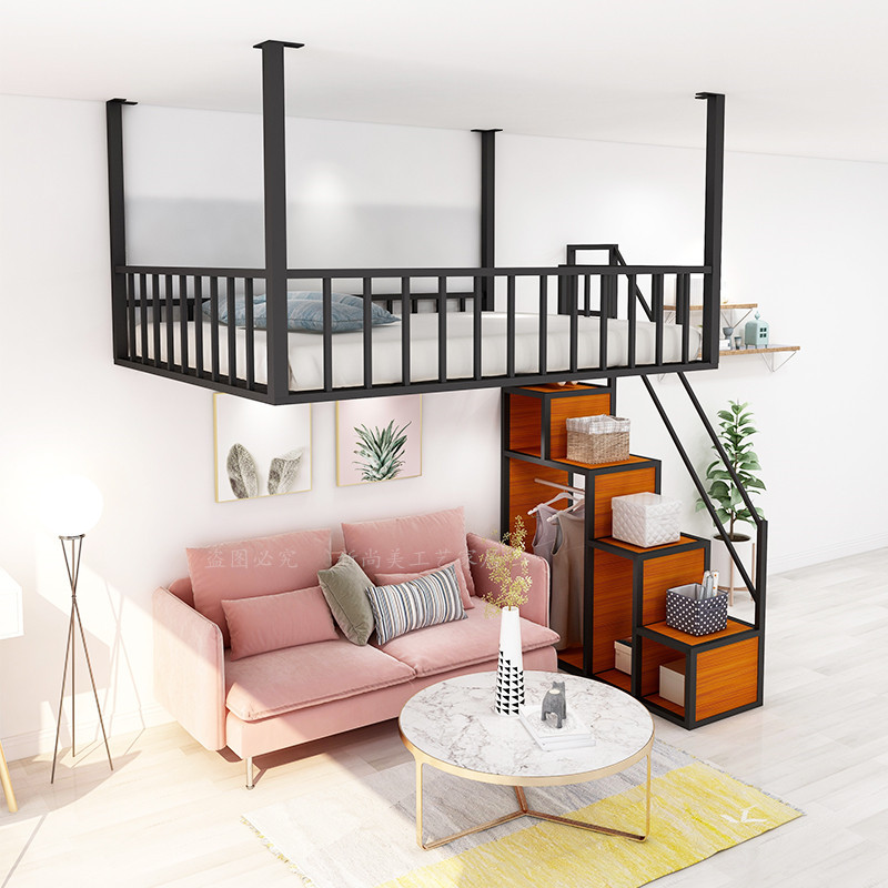 新款铁艺床创意简约省空间楼阁公寓高架床学生宿舍复式二楼柜梯床