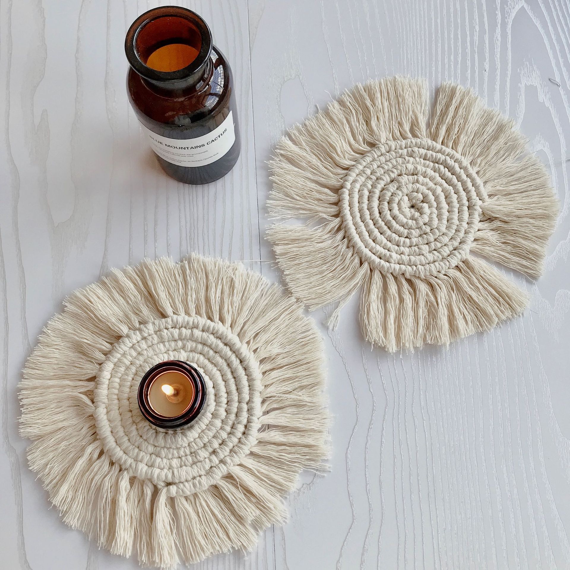 北欧手工编织杯垫ins白色棉绳流苏隔热垫桌面简约装饰地摊货源