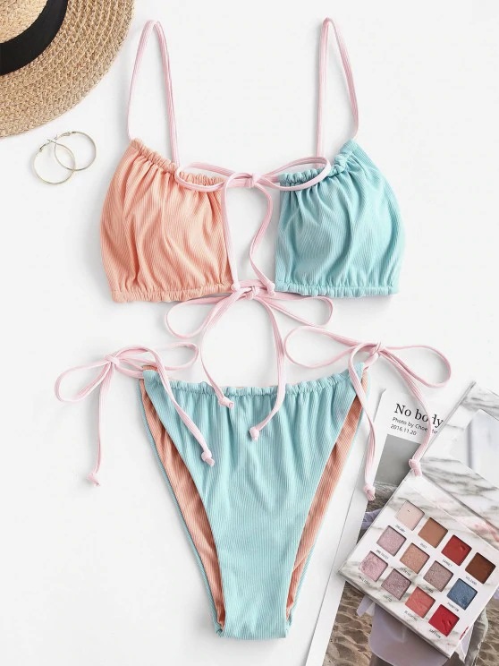 2020欧美跨境外贸泳装女士 拼色抹胸吊带分体比基尼泳衣套装