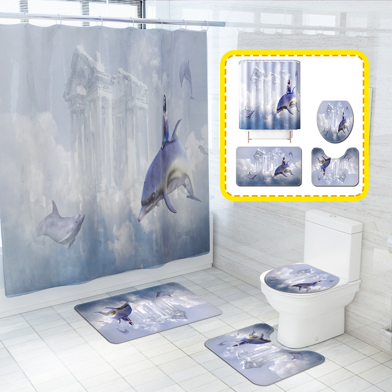 New Floral Print Dolphin Printing Waterproof Shower Curtain Carpet Four-Piece Set Toilet Mat Set for Cross-Border Overseas Warehouses