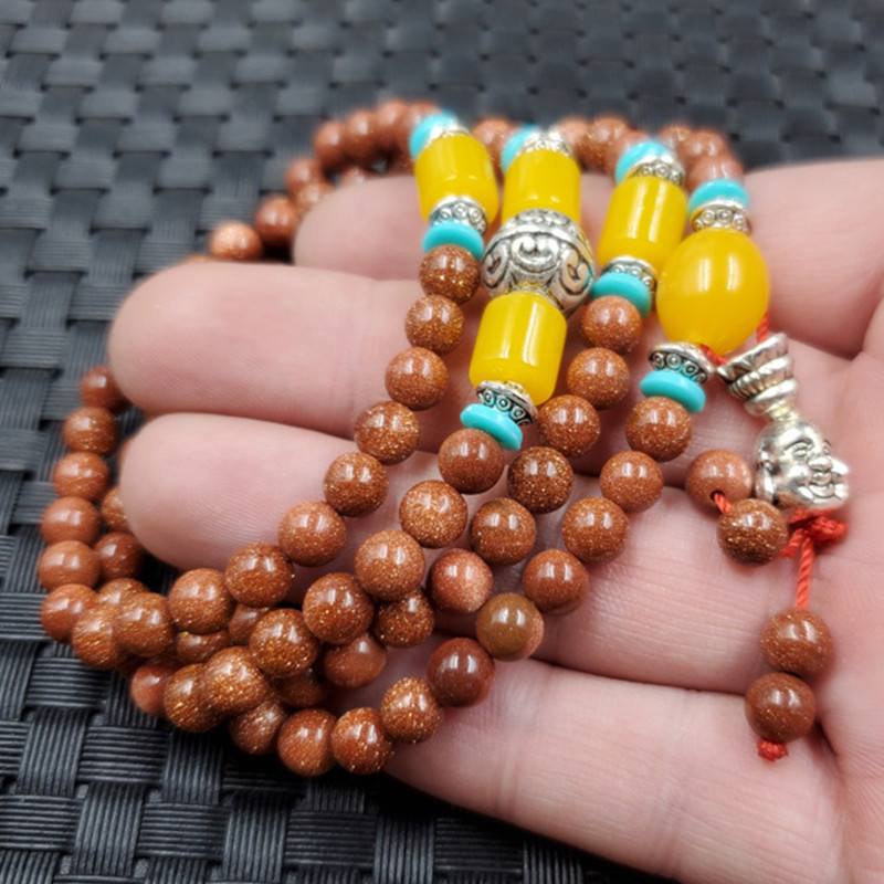 批发金沙石圆珠手链6毫米圆珠108颗手链石英岩玉多圈手链手串