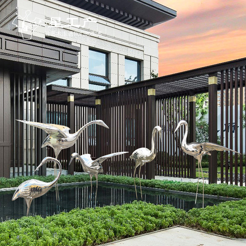 不锈钢仙鹤雕塑户外火烈鸟水景装饰酒店售楼部景观小品金属雕塑