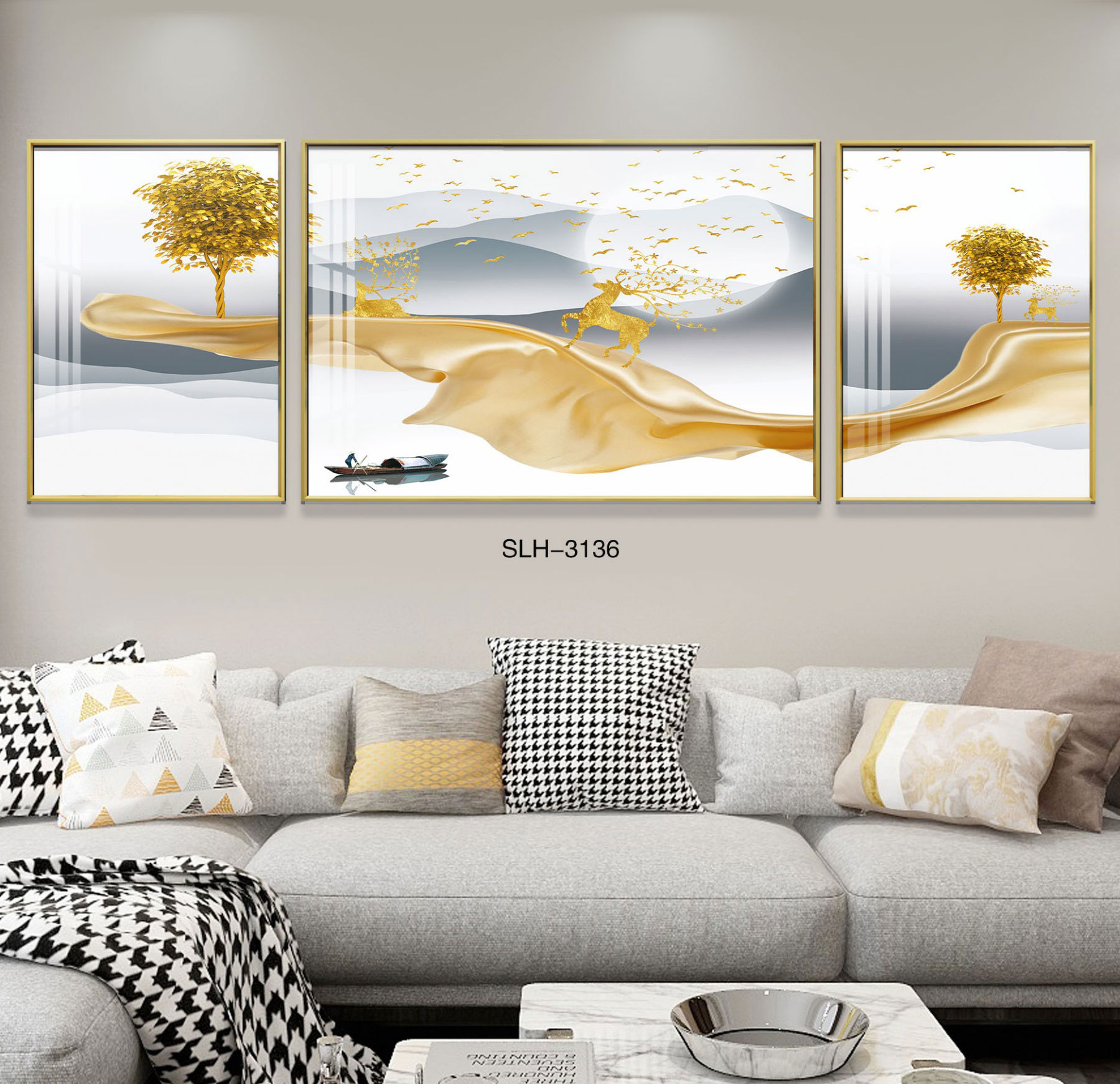 厂家直销现代简约轻奢晶瓷客厅沙发客厅三联画餐厅装饰画一件代发