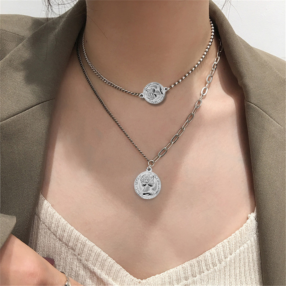 2020新款ins简约不锈钢美人头像双层项链女潮简约硬币吊坠锁骨链